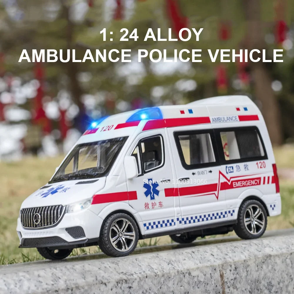 

1:24 Simulation Ambulance Police Car Model Toy Alloy Diecast Sound And Light Pull Back Vehicles Models Collection Gift For Child