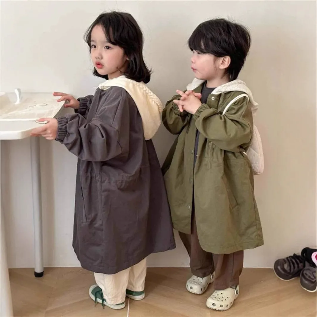 Children's Spring Autumn Hooded Windbreaker Coat Stylish Middle-Length Jacket for Boys And Girls Fashionable Outerwear