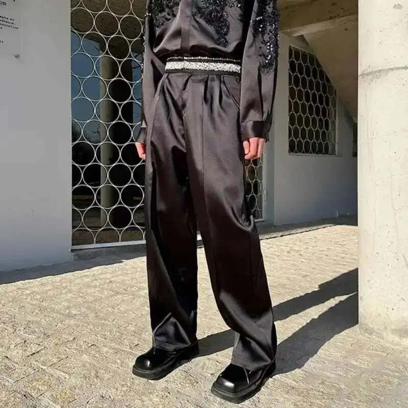 Pearl Diamond Design Men's Suit Pants Niche Satin Solid Color Casual Pleated Straight Wide Leg Male Trousers  9Z4PJ