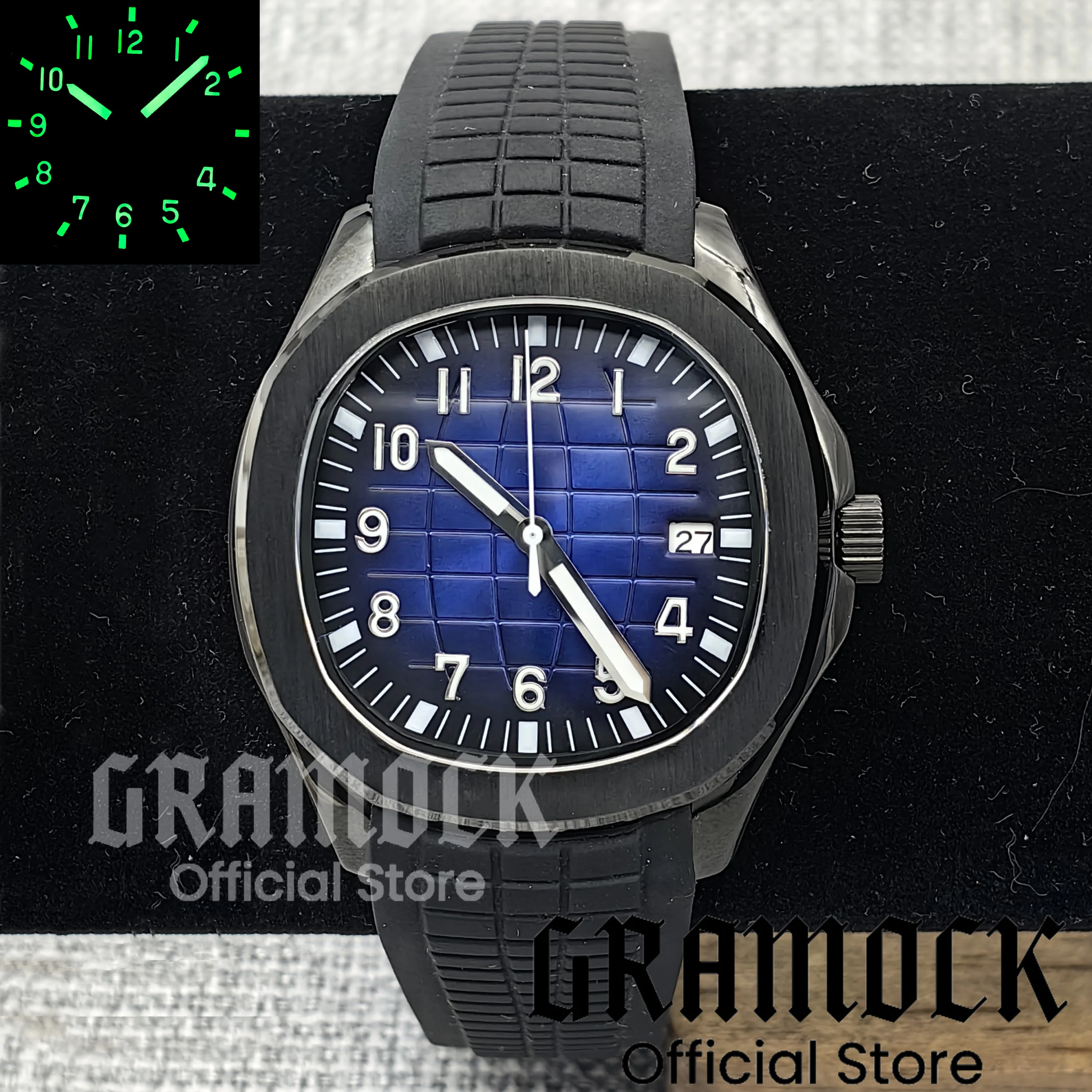 Gramock 40mm cuadrado reloj de acero inoxidable estilo rejilla cristal de zafiro NH35 movimiento automático correa de goma verde Lume