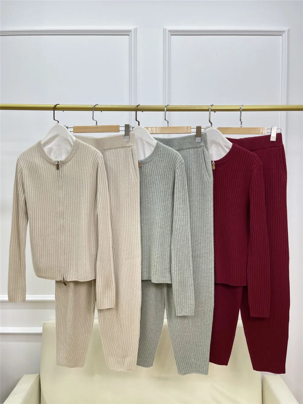 Women's Clothing 2 Piece Set Cashmere Zipper Knitted Cardigan + Elastic Elastic Waist Long Pants Trousers Suit