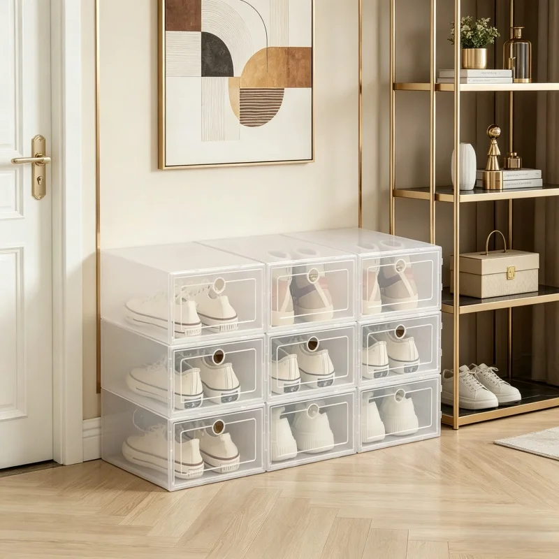 Stackable Shoe Storage Box Foldable Thickened Transparent Plastic Shoe Box Dustproof Combined Shoe Cabinet Organizer Case
