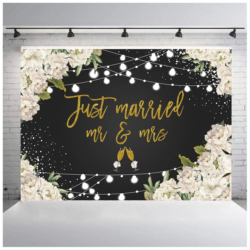 Laeacco Just Married Mr & Mrs Wedding Backdrop For Photography White Floral Gold Champagne Bridal Shower Portrait Background