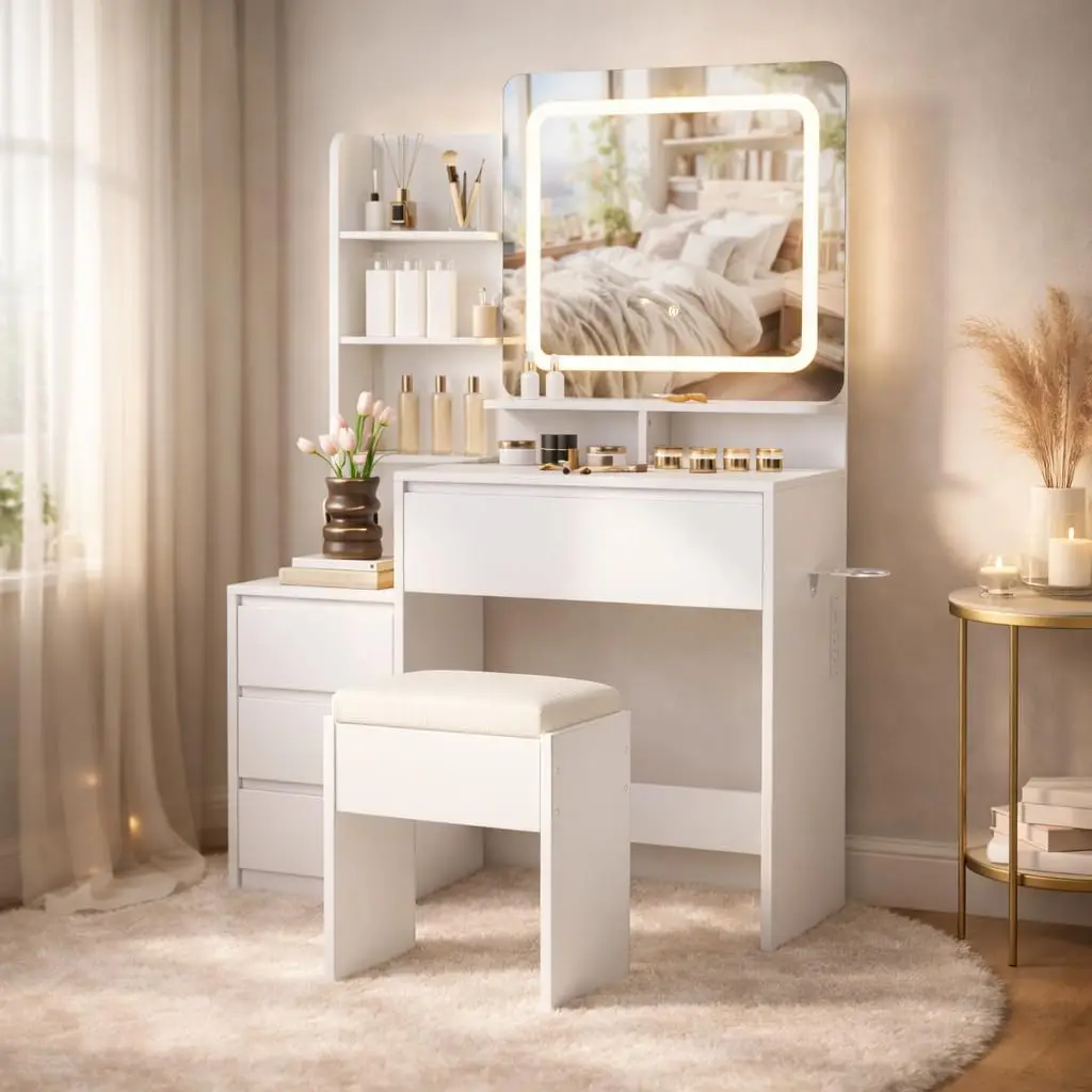 #White Vanity Desk with Mirror Lights Hub Large Drawer Stool Storage Shelves Glide Drawer Hair Dryer Rack