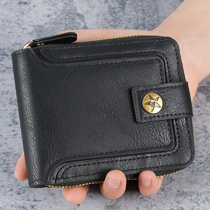 Short Horizontal Zipper Coin Pocket Tri-fold Card Case Purse Billetera Hombre Vintage Men High Quality PU Leather Small Wallet