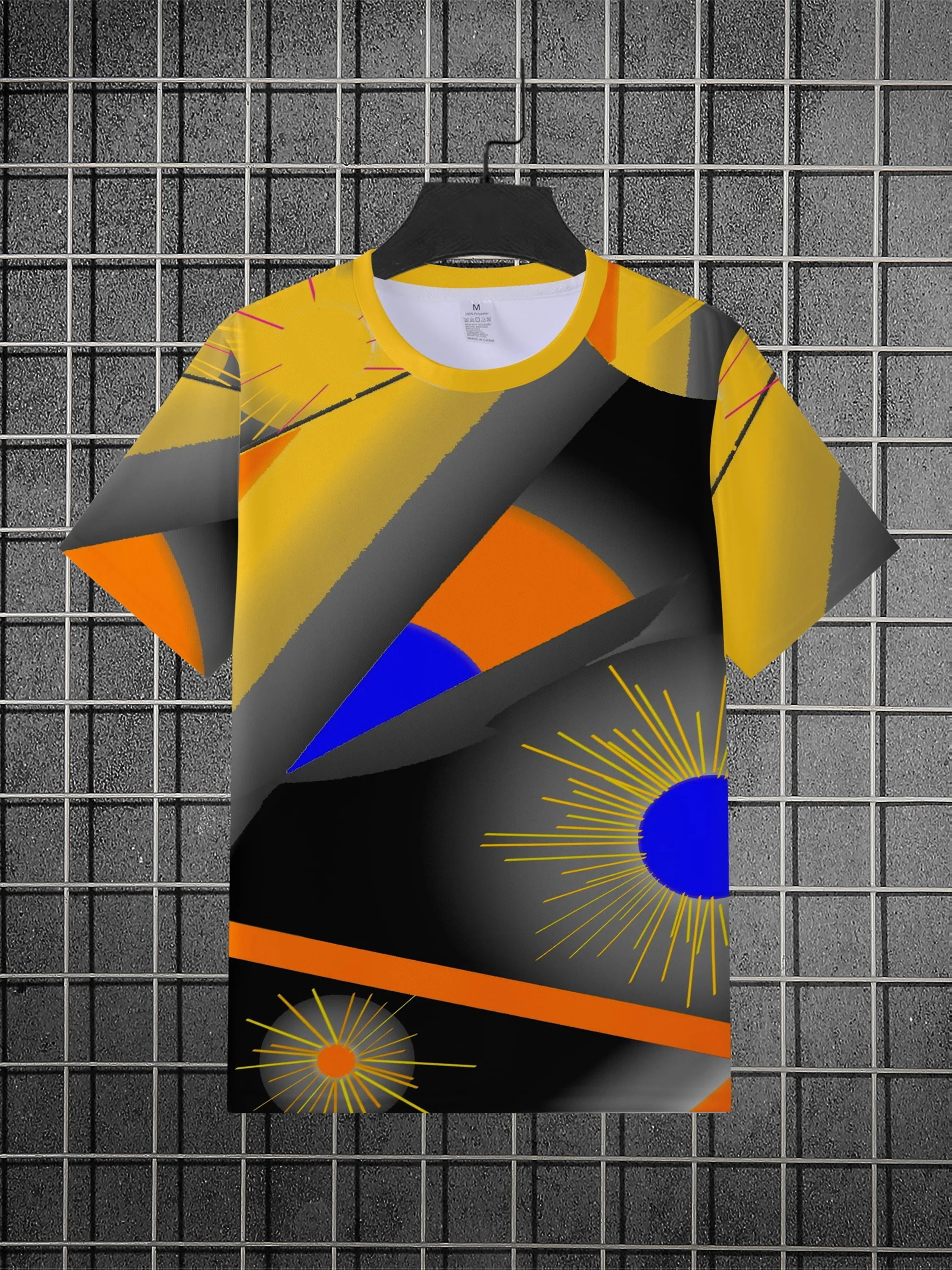 Men Yellow Black Orange Blue Geometric Sunburst Abstract Print Crew Neck Short Sleeve Tee