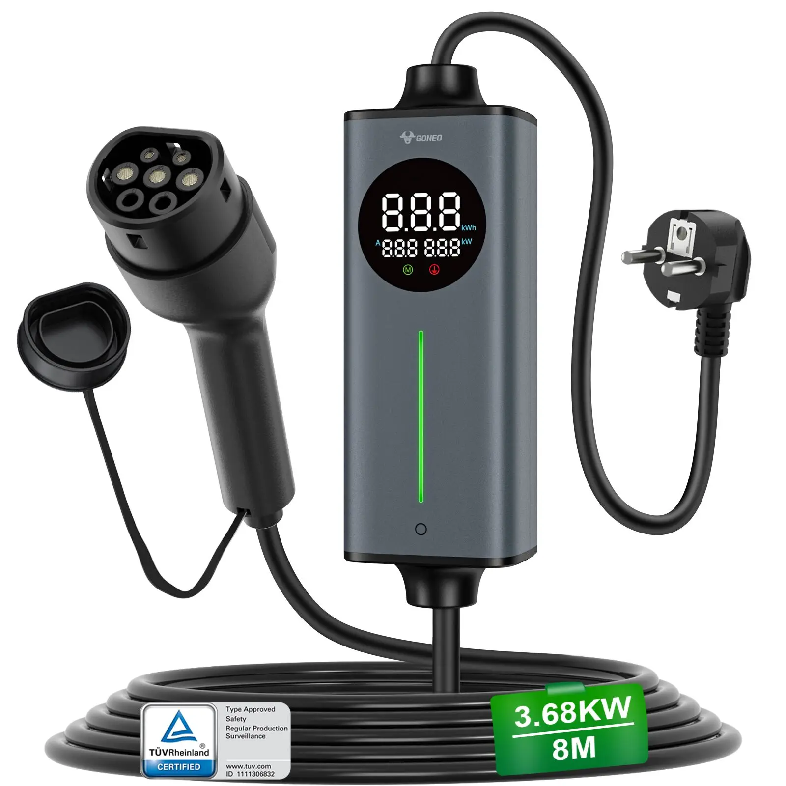 GONEO Tragbares Typ-2-EV-Ladegerät – Schuko-Stecker, für Elektrofahrzeuge & Plug-in-Hybridfahrzeuge ​ Intelligente Temperaturregelung, doppelter FI (AC+DC)-Schutz, automatische Erdungserkennung,