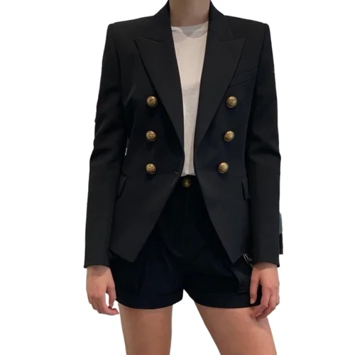 Blazer blanco para mujer 2025, chaqueta Blazers elegante ajustada de alta calidad, chaqueta ajustada con botones de León de Metal para mujer, chaqueta cruzada para mujer