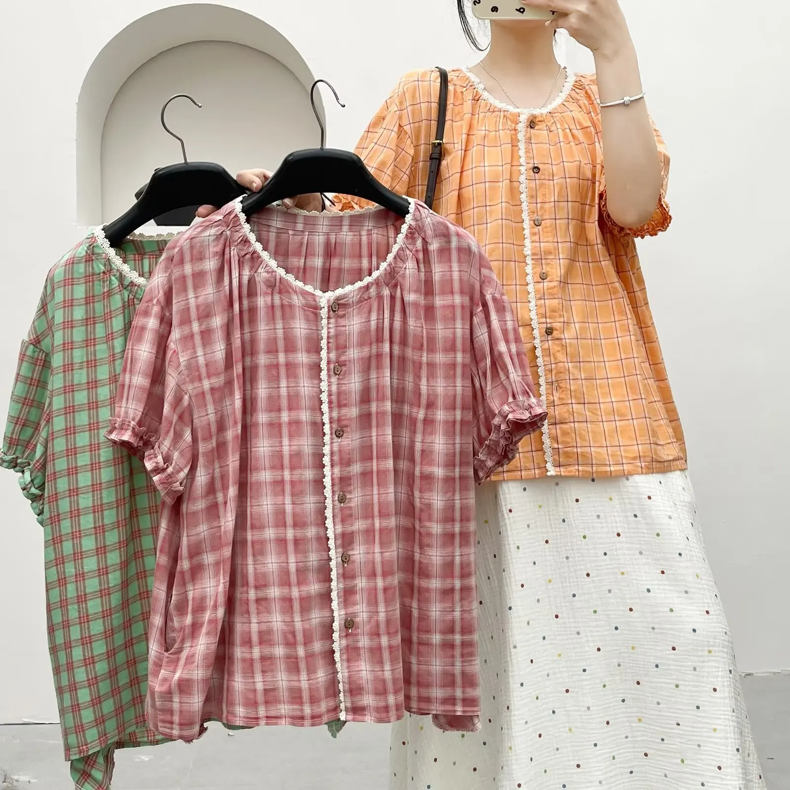 

Японские милые хлопковые рубашки в клетку для девочек Mori, женские летние рубашки с круглым вырезом и короткими рукавами, повседневные свободные блузки, топы