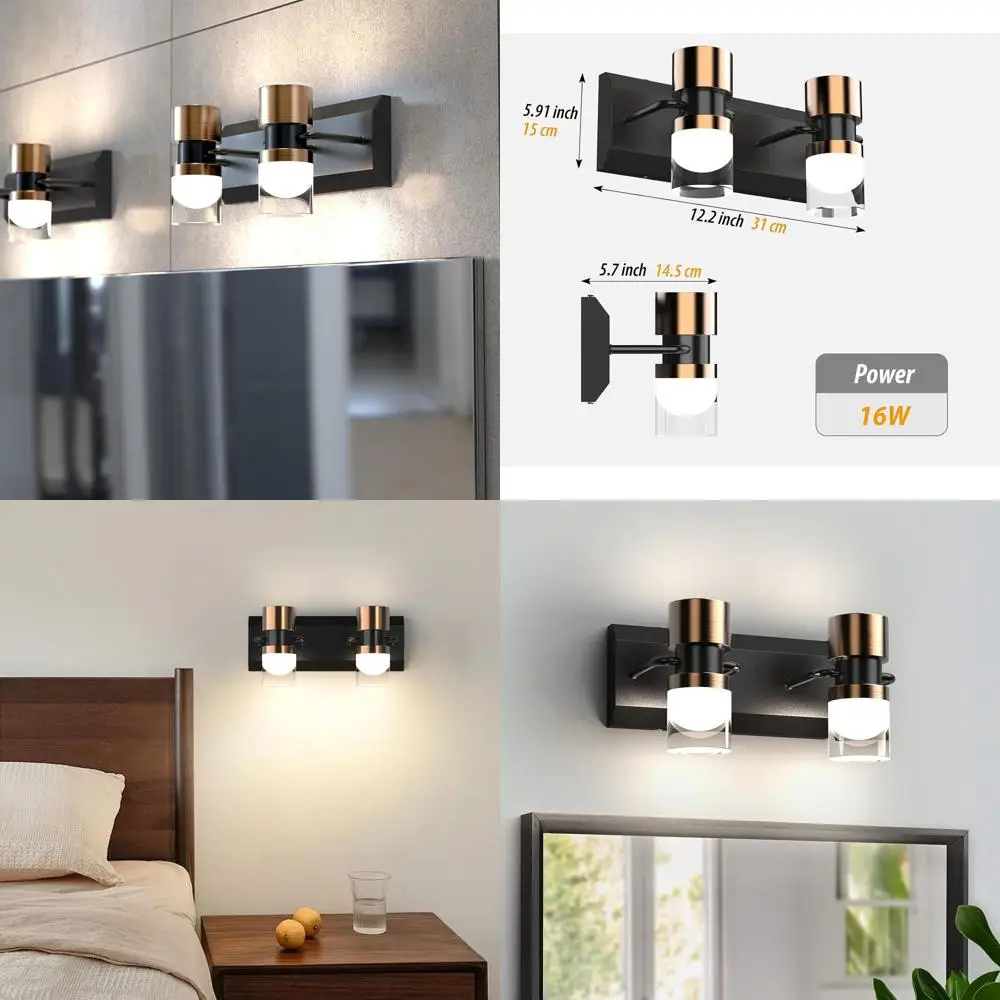 

Modern 12 Black & Gold LED Vanity Lights, 2-Light Wall Sconces, 4000K for Bathroom, Mirror, Living Room & Bedroom