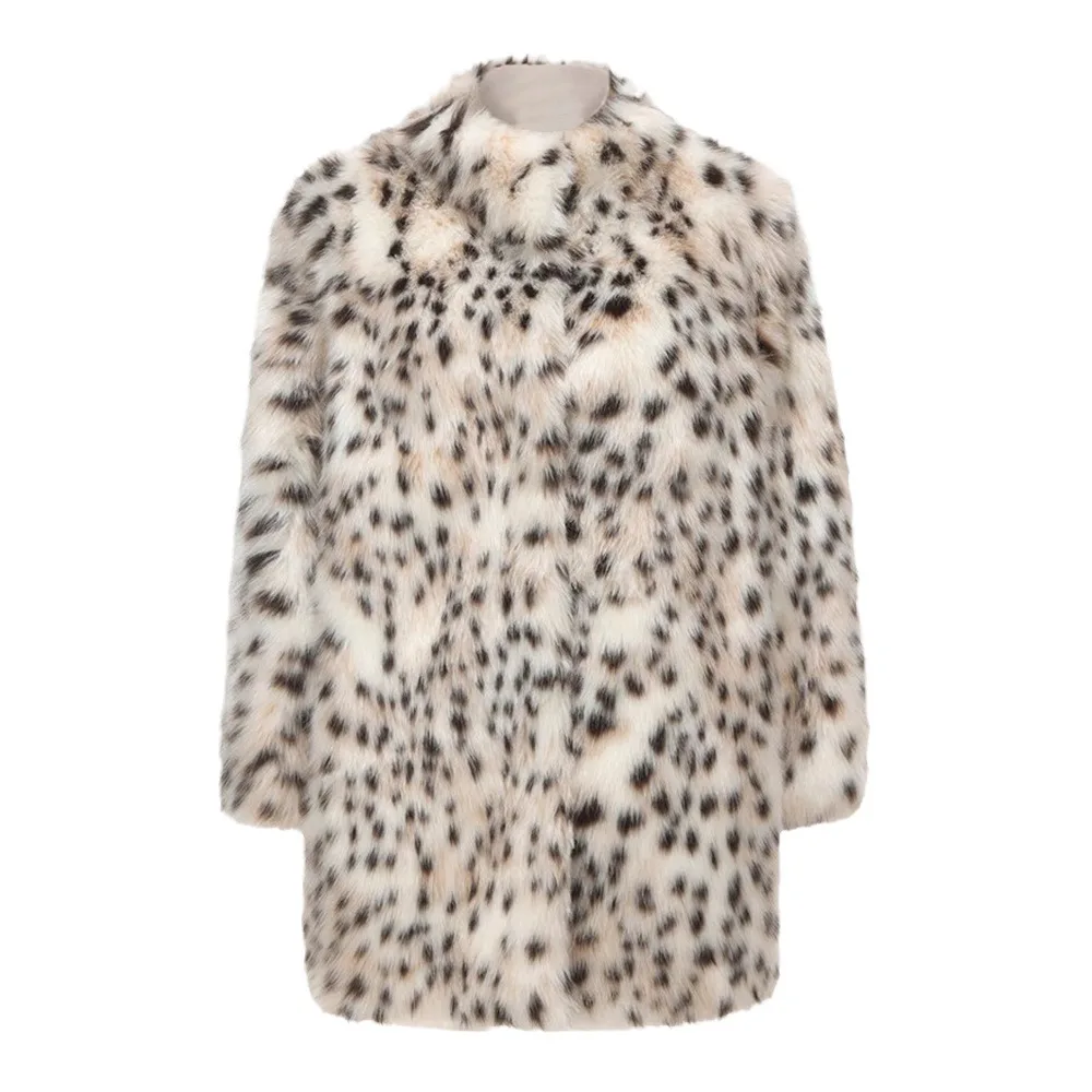 Women's Long Fur Coat, Faux Fox Fur Jacket Winter Plush Coat New Stand Collar Print Warm Loose Fur Jacket Overcoat