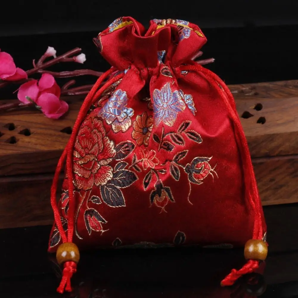 Floral Embroidery Flower Drawstring Bag Chinese Style Candy Bag Canvas Flower Handbag Bucket Bag Large Capacity