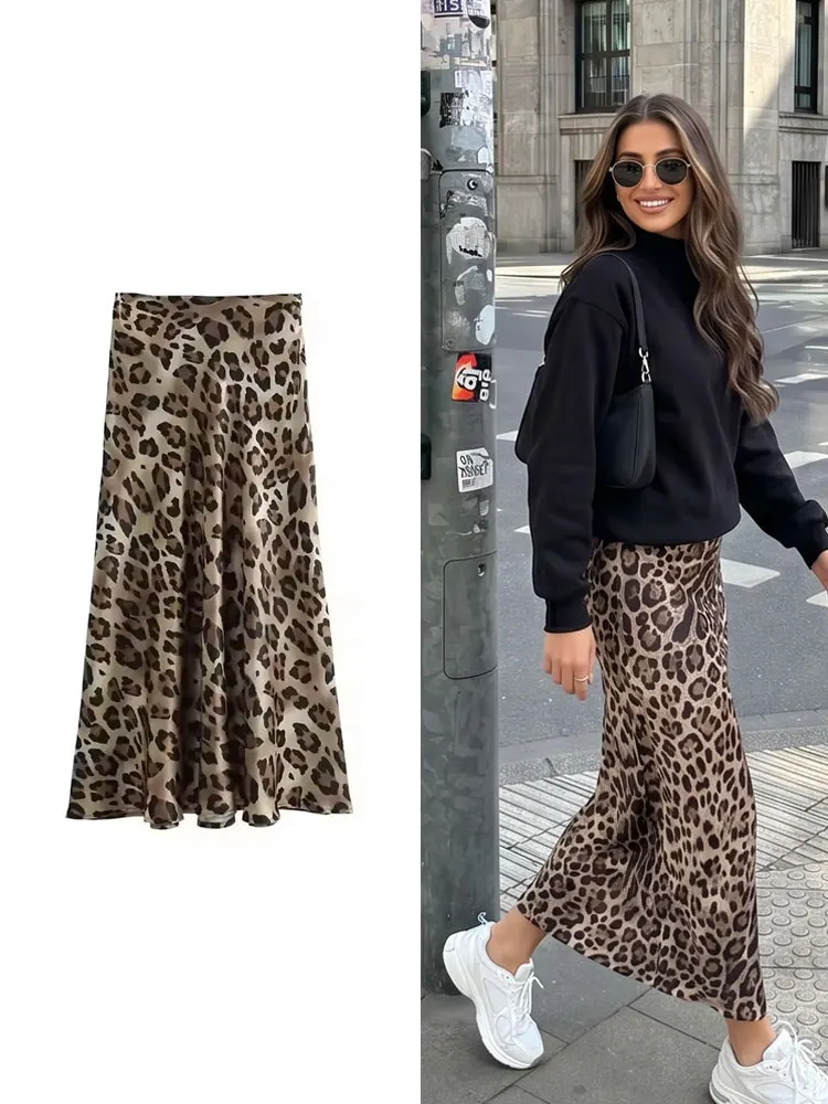 

HH Women Summer 2026 Casual Loose Leopard Print Skirt Elegant Vintage Satin A-Line Flowy Long Skirt Party Beach Chic Skirts