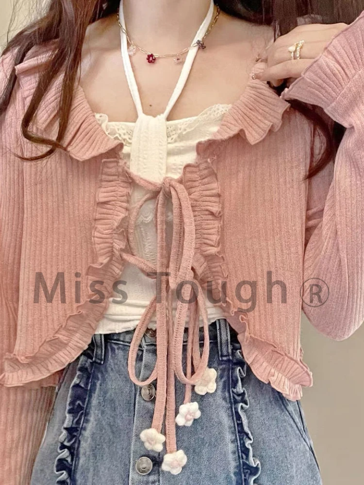 Summer Japanese Kawaii Sweet Cardigan Women Designer Korean Loose Cute Cardigan Female Beach Ruffle Strappy Casual Coat 2022 New