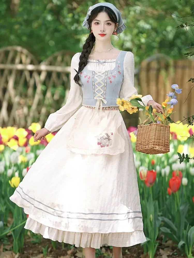 

Summer Elegant Forest Girls French Vintage Pastoral Lolita Fake Two Piece Dress Set Sweet Embroidery Patchwork Long Dress