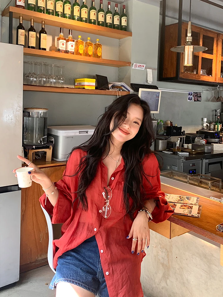 

Женская льняная рубашка DaqianwithU00: дышащая, черно-красная, с длинным рукавом, в стиле ретро, для повседневной носки, приталенная, модная, летняя, тонкая