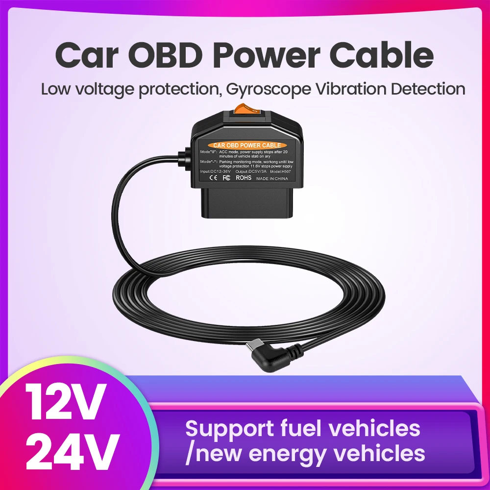 Hardwire Kit OBD for Car Radio Stereo Dash Camera DVR Cable 12V Micro USB Port/Mini USB Port/Type C Port 24H Parking Accessories