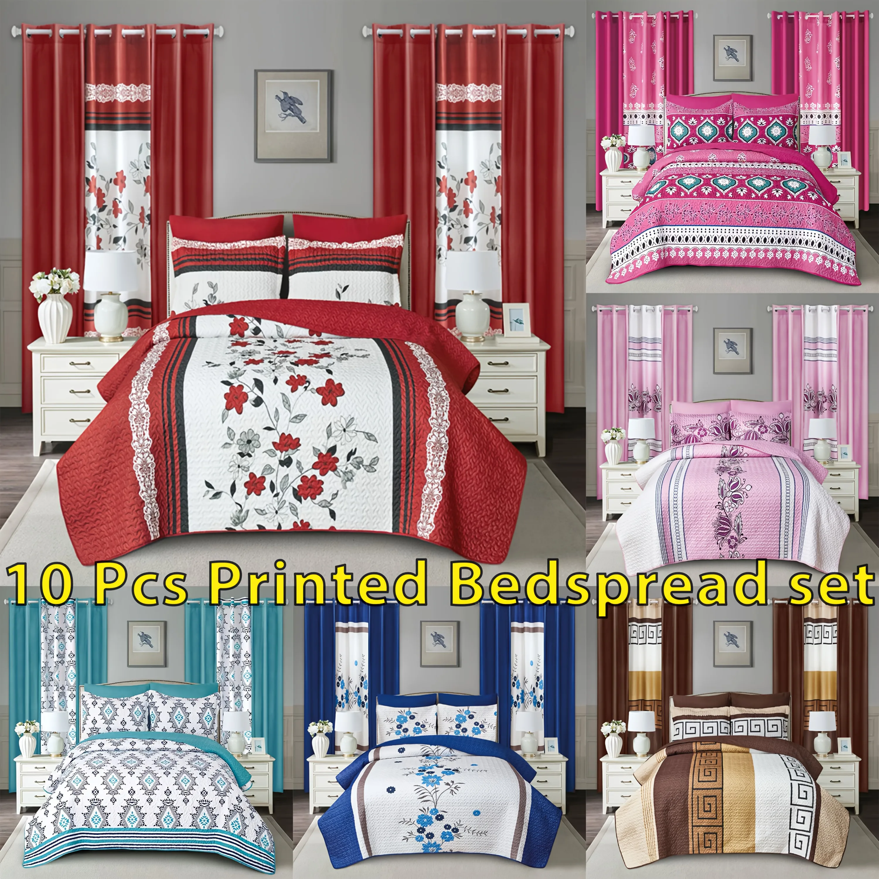 

10pcs Printed Bedspread Set Luxury High Quality Quilt Set Quilting Thin Comforter Set All Season Use 2 Printed Curtains 4 Solid