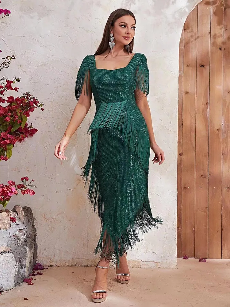 Colarinho quadrado lantejoulas Tassel vestido de noite, baile de formatura para a noiva, convidado do casamento, coquetel convidado, moda, ocasião especial