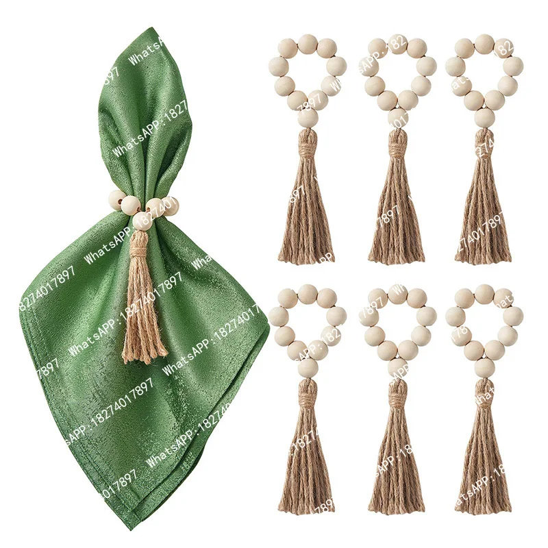 

20pcs Wood Bead Napkin Rings Garland With Tassels Beads Rustic Country Table Napkin Holder Weddings Home Decor