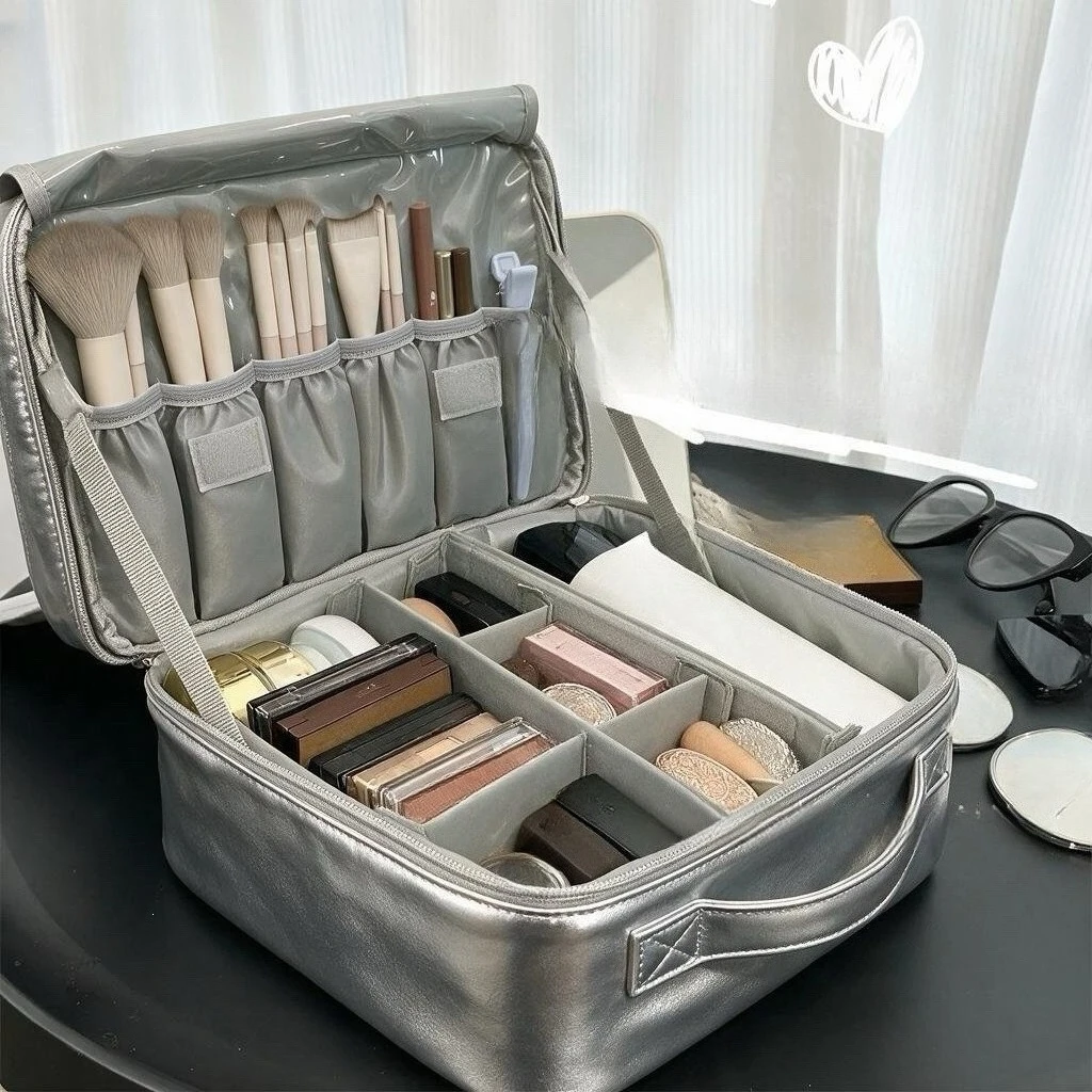 Silver Leather Makeup Bag Large Capacity Travel Toiletry Waterproof Cosmetic Case Organizer for Women Wash Bag
