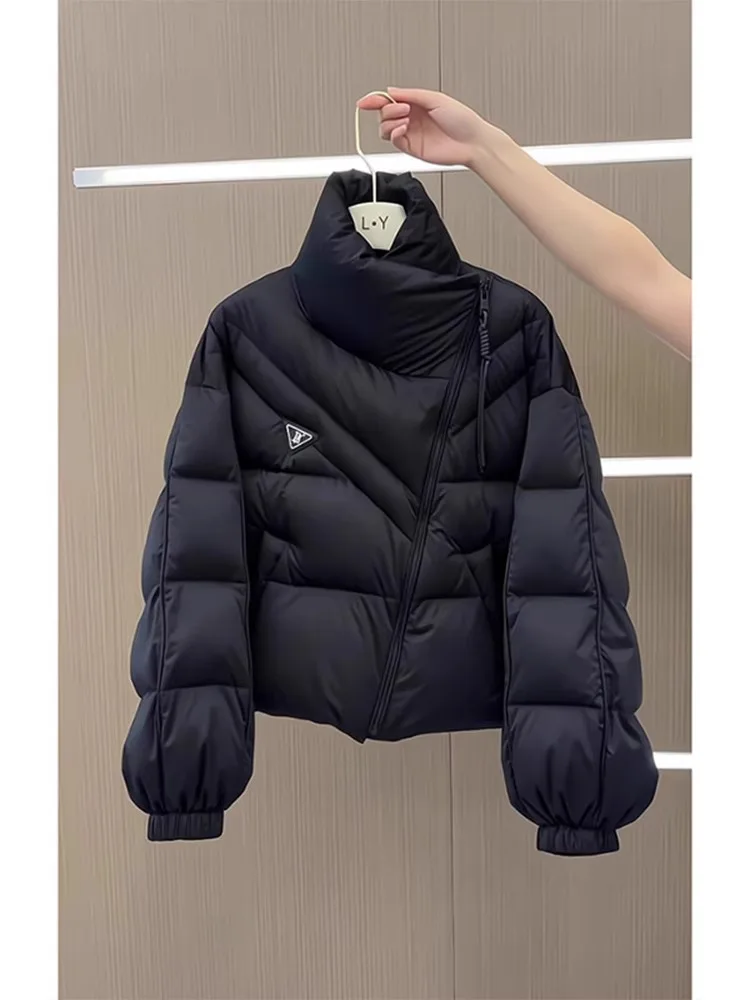 

Warm ort Cotton Jaet Women's Bla Stand Collar Zipper Front Coat Sli Loose Fit Winter Clothing Korean Sle Commute