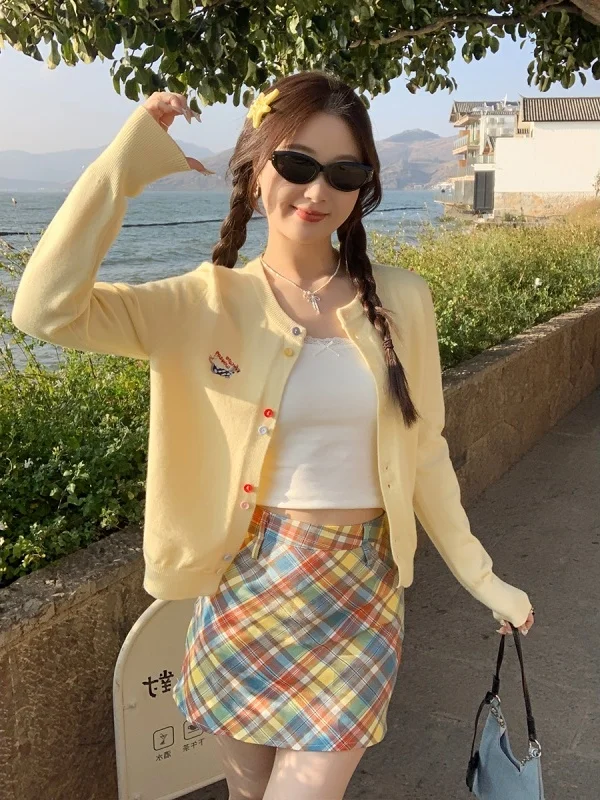 

Корейский желтый вязаный кардиган, женская облегающая верхняя одежда, модный свитер, длинный свек, подходит для осени