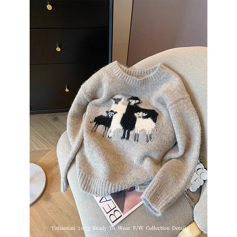 Women Grey Knitwear Jumper 2024 Autumn Winter Simple Vintage O-Neck  Sweater Animal Print Cute Long Sleeve Pullover Streetwear