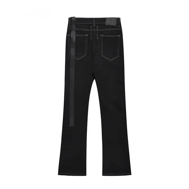 Patchwork Men's Ribbon Slim Fit Flared Jeans High Street Vibe Slimming Versatile Straight Black Floor Length Pants 34NB