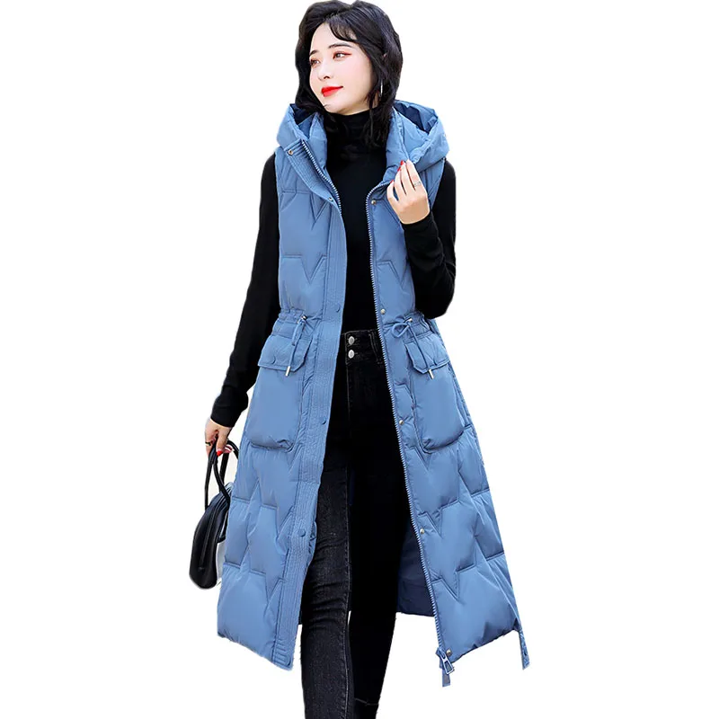 

Новая куртка без рукавов женская повседневная длинная пуховая хлопковая жилетка осень-зима теплый жилет модная ветрозащитная парка с капюшоном пальто