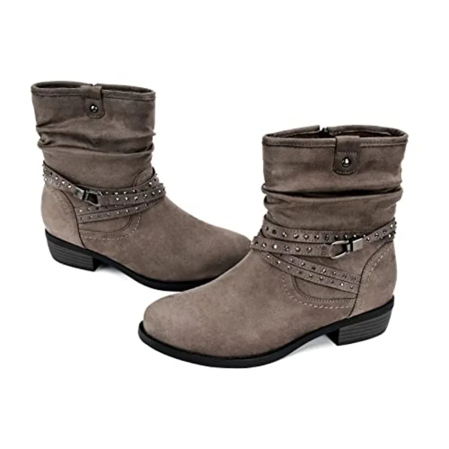 VJH confort Botas de media pantorrilla para mujer, botines cómodos de tacón bajo con punta redonda y correa con hebilla y cremallera lateral