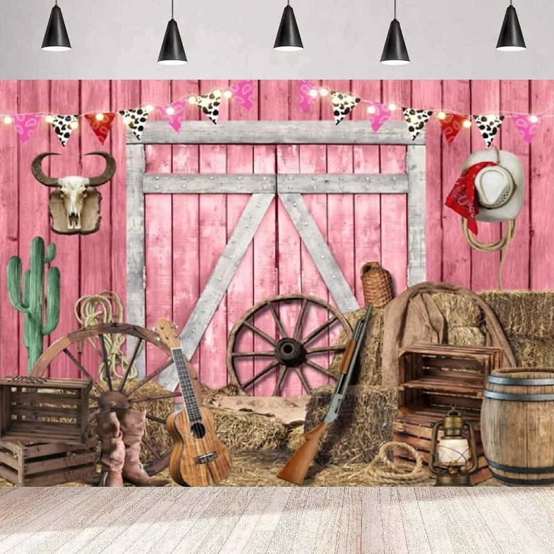 Western Cowgirl Photography Backdrop Pink Barn Door Cow Farm Country Rustic Wooden House Background Wall Birthday Party Poster