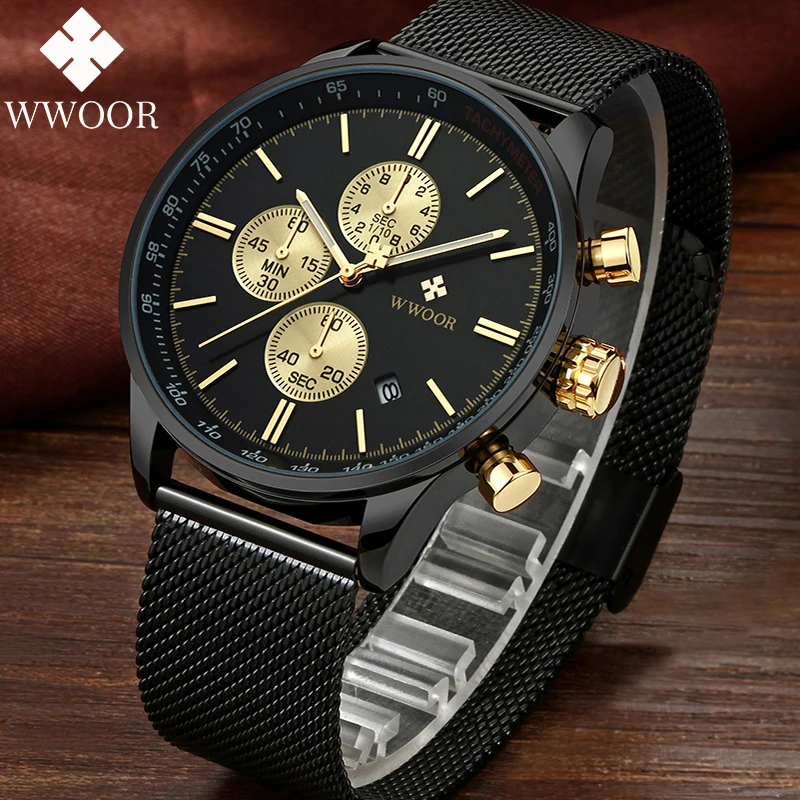 

WWOOR Top Luxury Men Watch Fashion Stainless Steel Quartz Sports Chronograph Waterproof Calendar Wristwatches Relogio Masculino