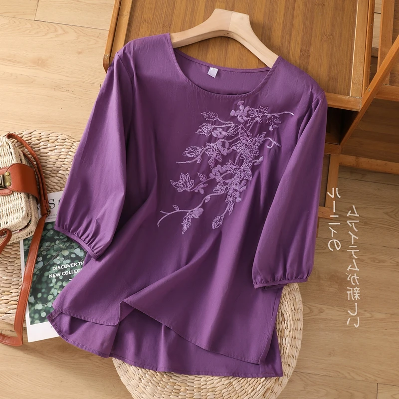 

Vintage Flower Embroidery Cotton And Linen Blouses Women Shirts Spring Summer Solid O-Neck Short Sleeve Top Loose Clothing