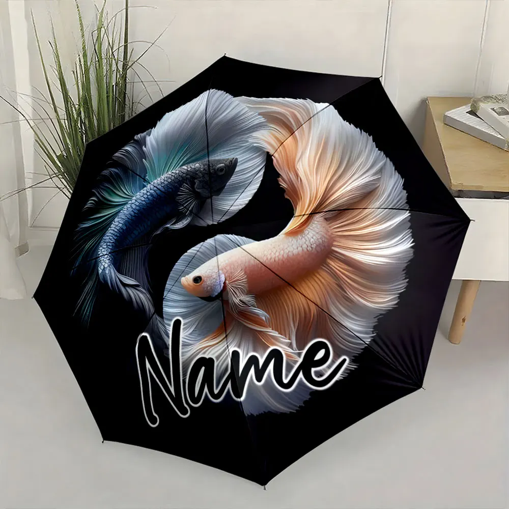 Custom Name Elegant Betta Fish Design Umbrella 8 Iron Ribs Folding Umbrella Auto-Open Fashionable Sunshade Deluxe Gift
