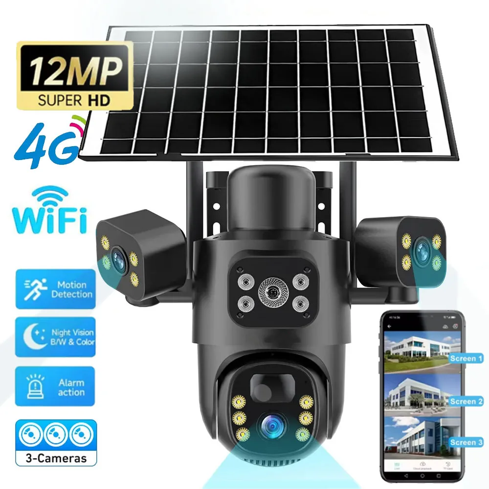 

4G / WiFi Solar Camera Three Lenses Screen Outdoor 12MP 6K Low Power Battery IP Camera PIR Night Vision CCTV Security Protection