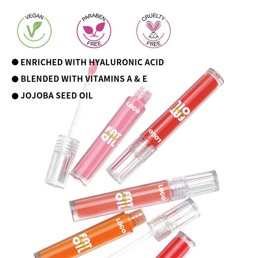 Aceite labial de marca privada, logotipo personalizado, tubo cuadrado, hidratante, labios carnosos, antisecado, agrietamiento, bálsamo labial, brillo a granel, maquillaje vegano