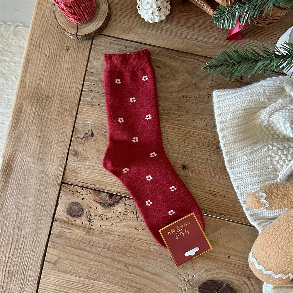 1/5 Paar Damen-Socken mit roter Schleife und mittlerer Röhre, modischer süßer Blumendruck, Urlaubsstil, weich, bequem, ganzjährig, lässige Socken – Detail 2