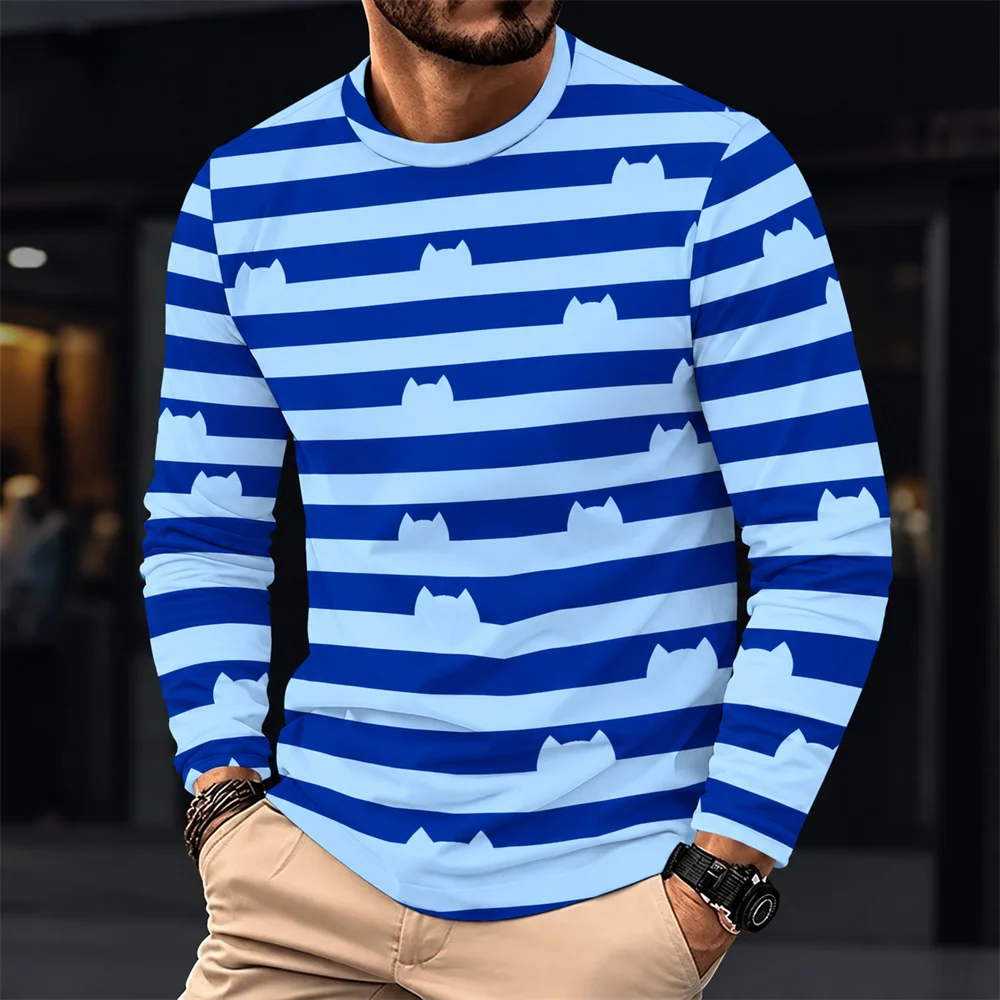 Cute Cat Striped Long Sleeve T Shirt for Men Cat Silhouette Horizontal Stripe Print Crew Neck Casual Top Everyday Streetwear