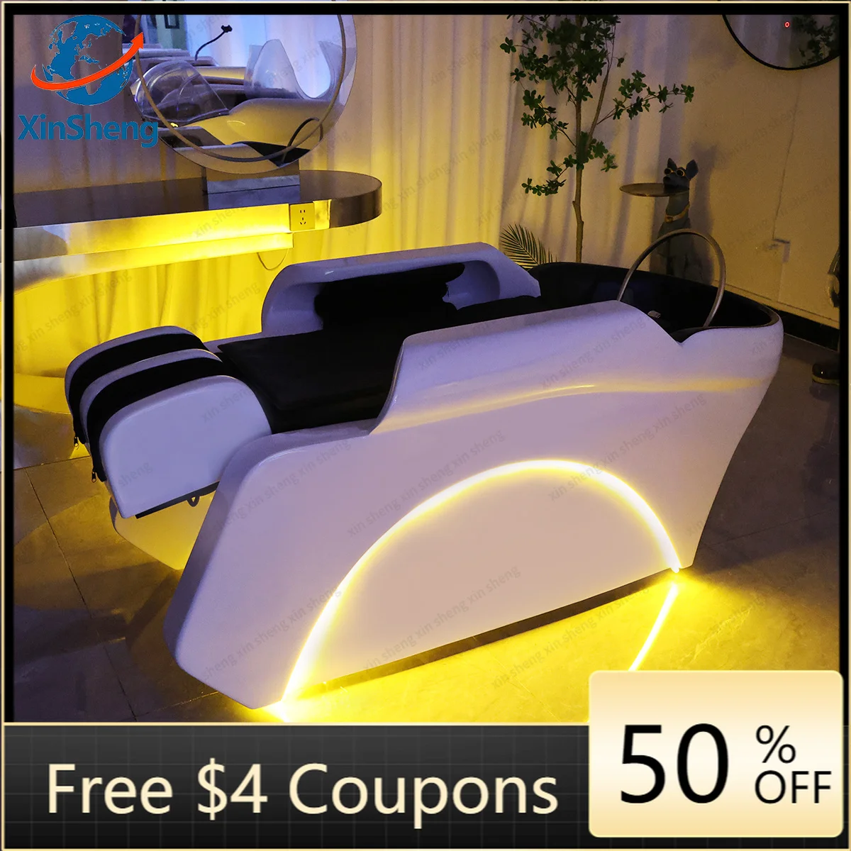White Thai Shampoo Bed with Black PU Cushion & Warm LED Ambient Light, Reclining Head Spa Hair Washing Chair with Massage for Be