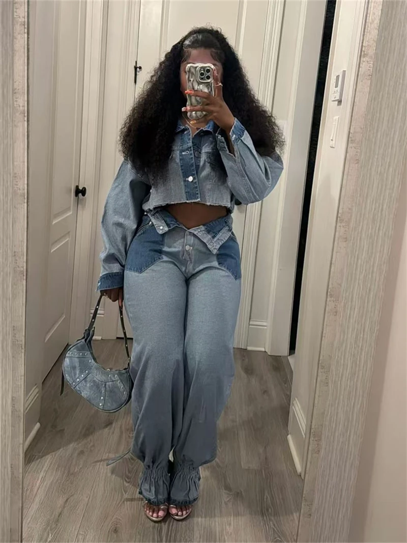 Streetwear Kowbojskie 2-częściowe zestawy damskie Strój wiosenny Kobiety 2025 Przycięta kurtka Top i spodnie Zestawy Casual Denim Woman Sets — zdjęcie 3