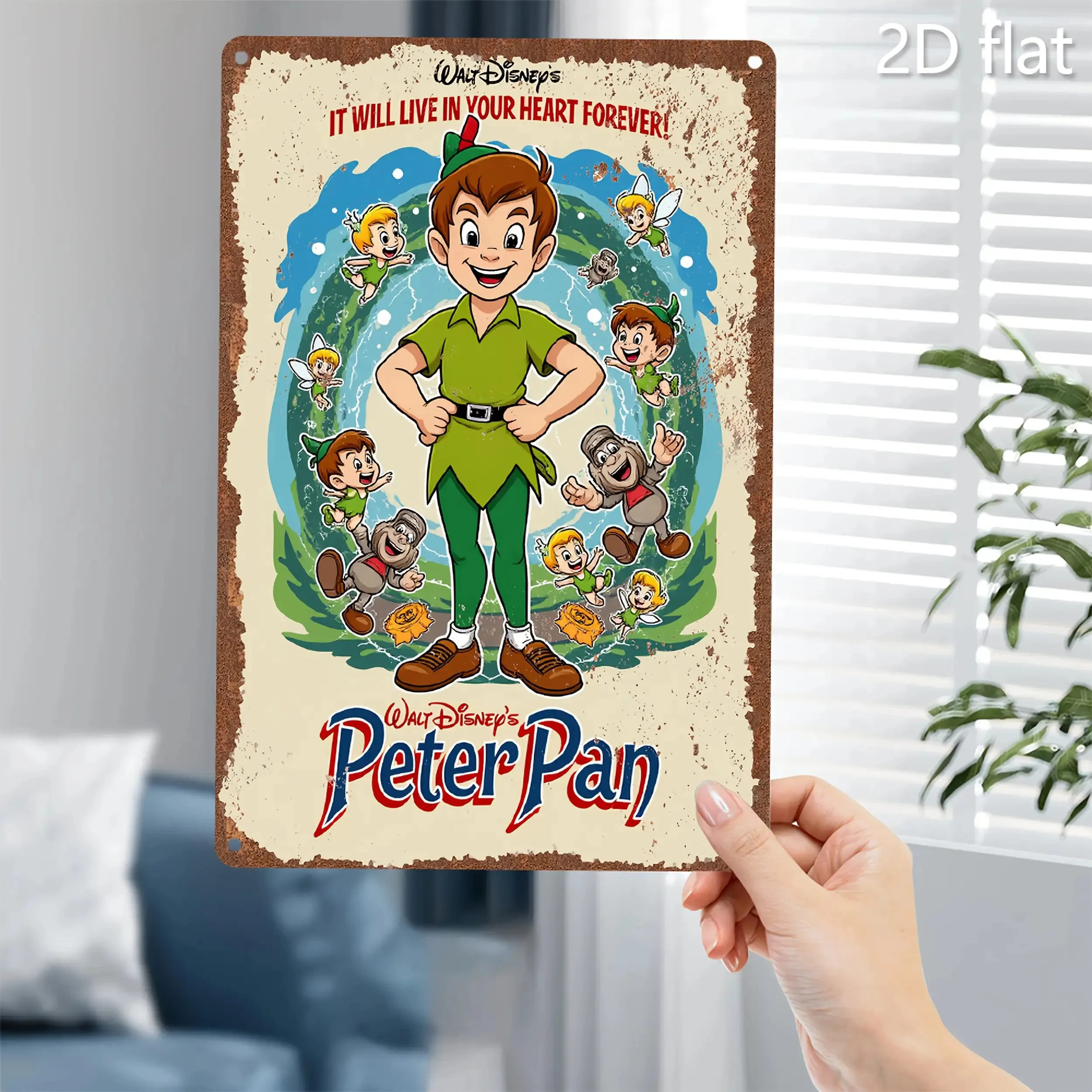 Placa artística de pared de aluminio plana 2D de Disney Peter Pan, letrero de metal de estilo vintage con colores vibrantes, decoración colgante para interiores/exteriores