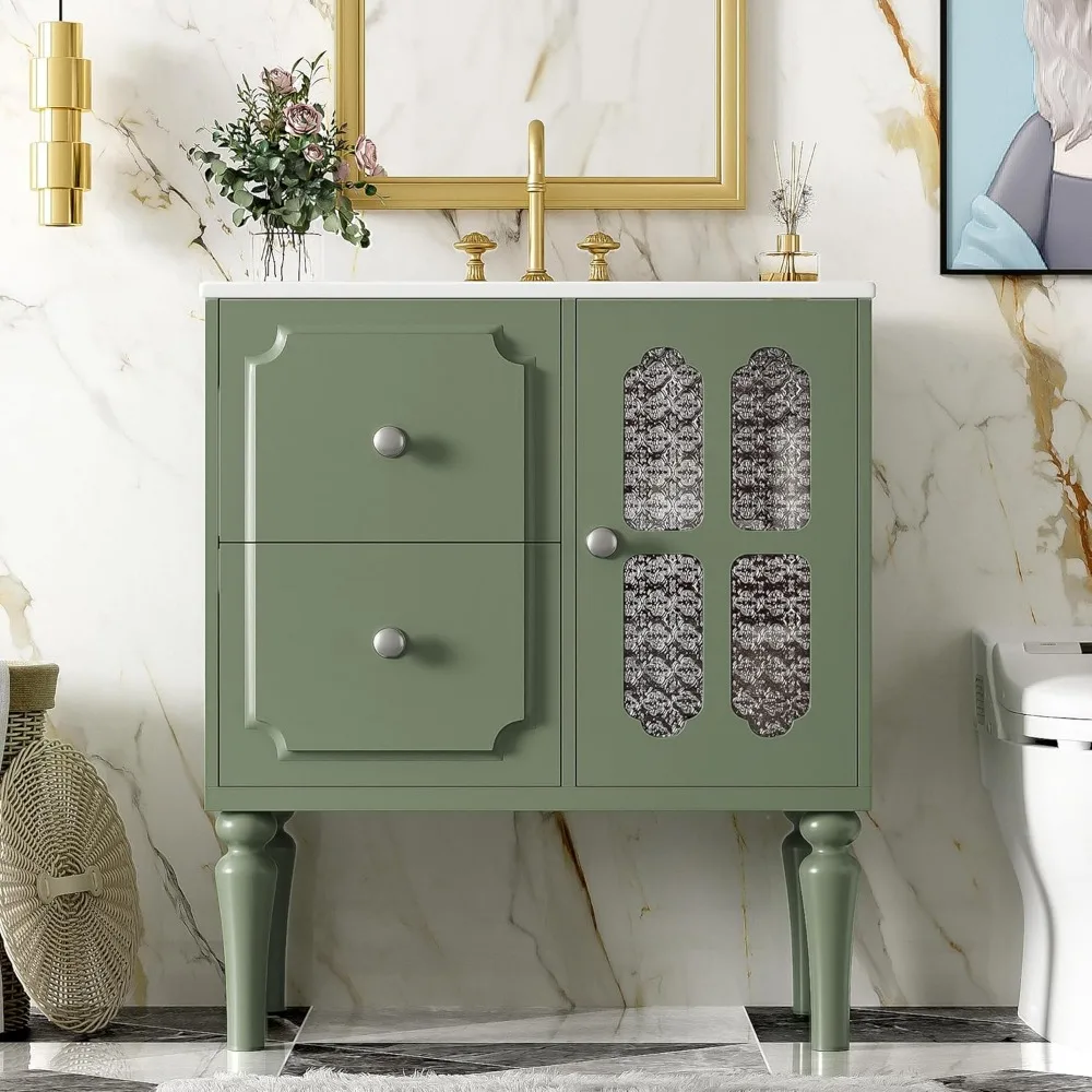 

30" French Country Bathroom Vanity with Sink, Vintage Bathroom Vanity Cabinet with Glass Door and Two Drawers,