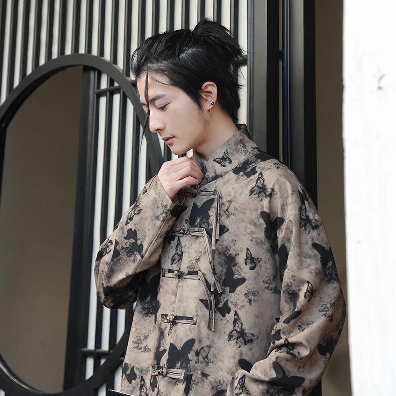 New Chinese J button long sleeve shirt for men improved Hanfu Tang suit butterfly printed coat