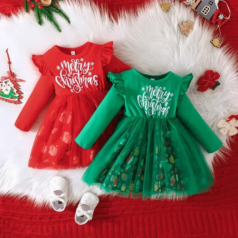 Toddler Baby Merry Christmas Dress for Girl Dress Santa Claus Print Princess Dress New Autumn Winter Baby Red New Year Costume