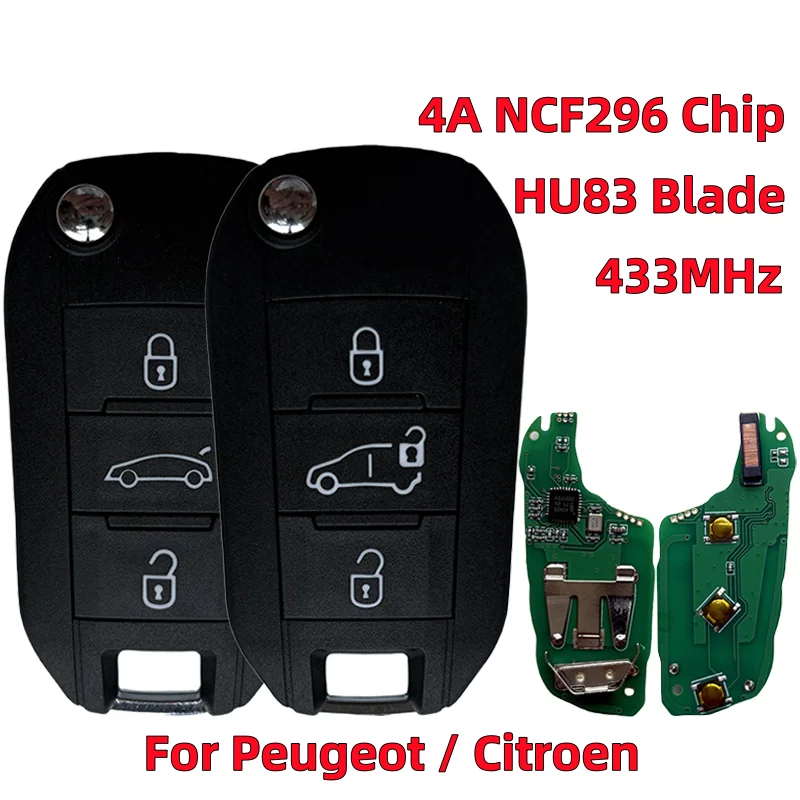 Llave abatible de repuesto para coche, furgoneta remota, 433MHz, 4A, Chip HITAG AES para Peugeot Expert 308 3008 2016 + Citroen C4 Cactus 2014 + HU83
