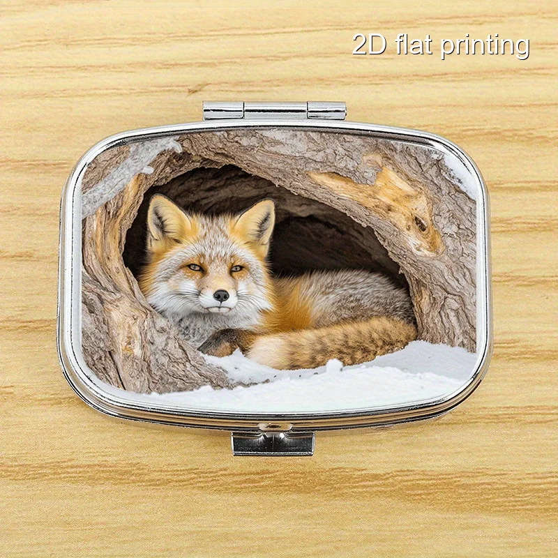 Fox 36 Pattern Popular Square 2-Compartment Multi-Layer Sealed Pill Box, Compact Portable Sealed Box, Metal Sealed Box Suitable for Home, Outdoor, and Travel Use, Portable Sealed Pill Box, Categorized Storage Box, Printed Locations May Vary
