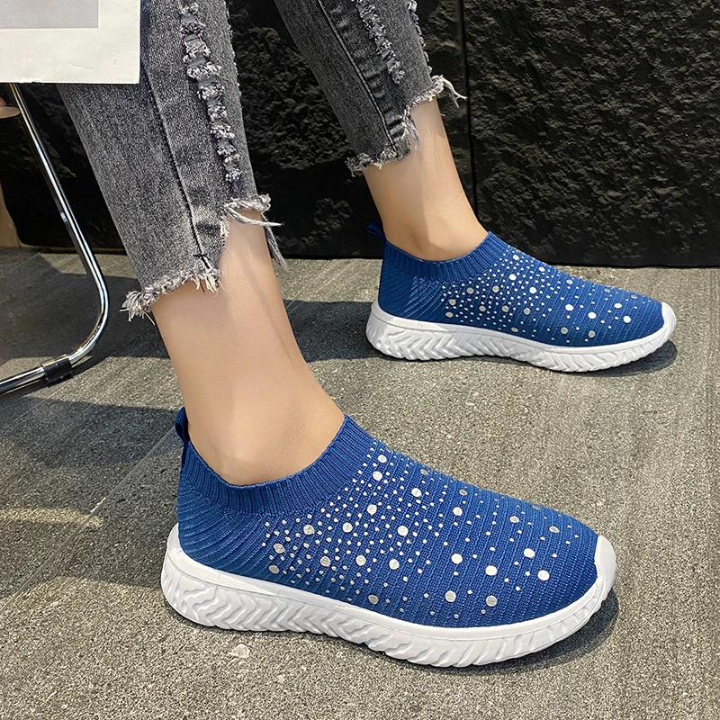 Water Diamond Casual Shoes for Women, Spring and Autumn Knitted Breathable Fashion Thick soled Shoes for Women, Sports Shoes