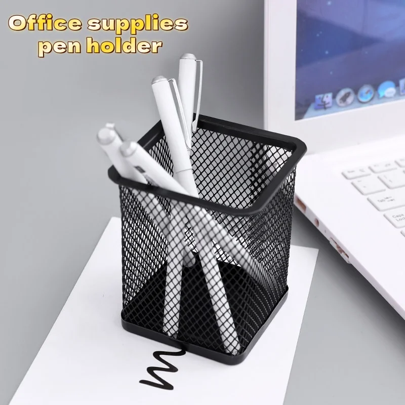 Metal Mesh Pen Holder Round Square Desk Organizer Pencil Pot Multifunctional Stationery Storage Container for Office School