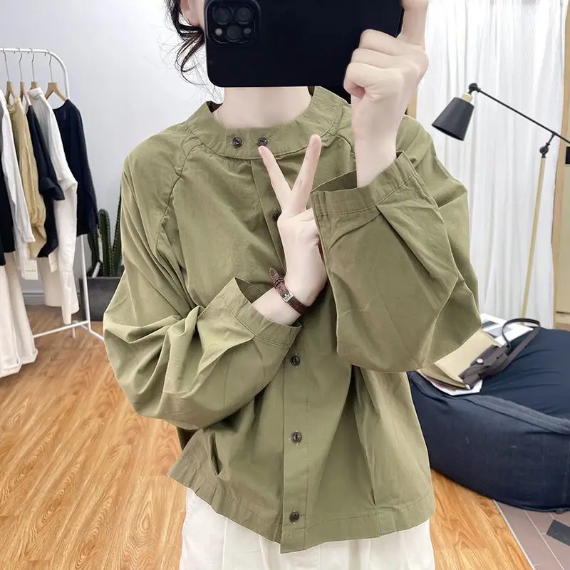 قميص نسائي كاجوال بياقة واقفة وأكمام طويلة، بلوزة مكتب متعددة الاستخدامات لتقليل العمر، بلوزة ربيع الخريف